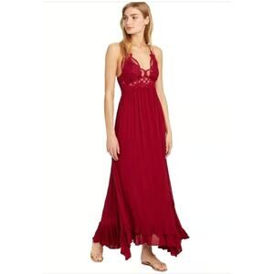 Free People Red Adella Crochet Criss Cross Maxi Dress size LARGE